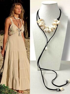 Free People Katie Leather Shell Choker NWT Layered Necklace Beach Bohemian Surf
